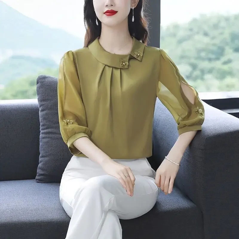 Women's Clothing Solid Color Pullover Round Gauze Tie Flowers Lantern Three Quarter Casual Chiffon T-shirt Elegant Tops A283