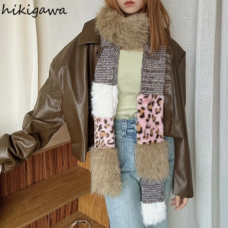 Wrap Leopard Scarf for Women Knitting Lightweight Shawl Patchwork Furry Fashion Warm Scarf 2024 New Scarf Apparel Accessories