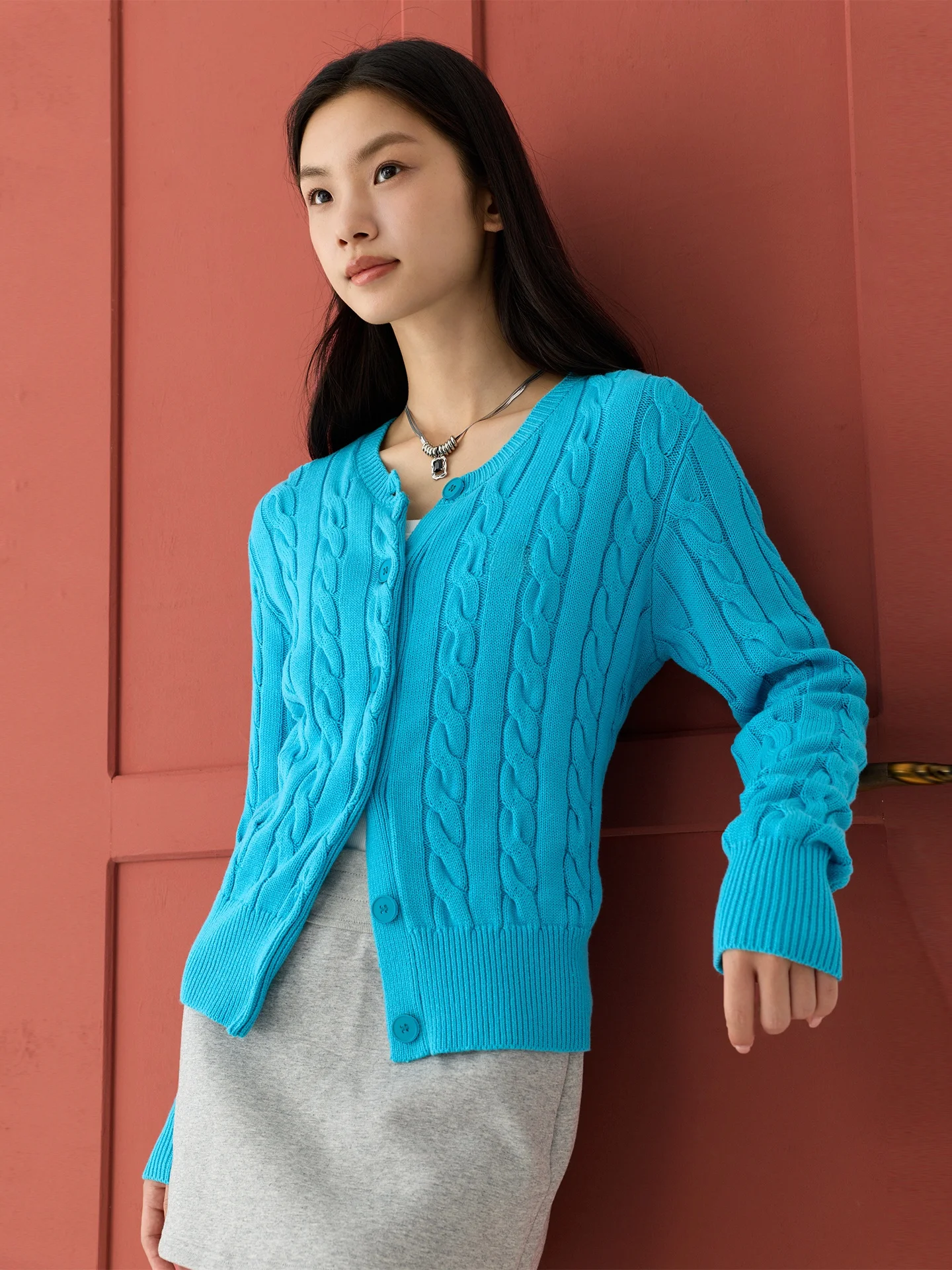 

Retro Twisted Knit ort Sve Cardigan Women's Slim Fit Embroidered Top Lake Water Blue Warmth Comfortable Autumn Faion