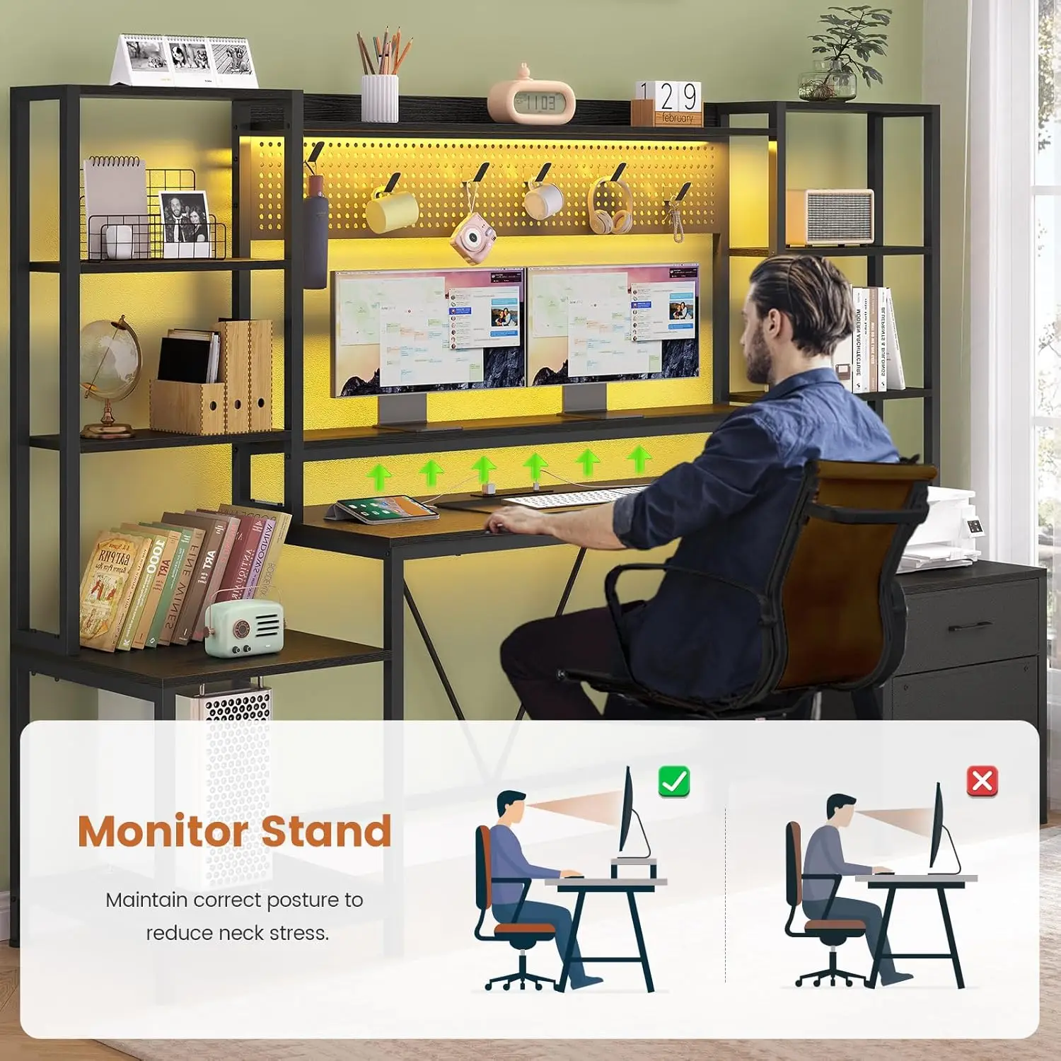 Computer Desk with Power Outlets, 81.9in Home Office Desk with Monitor Stand, Gaming Desk with LED Light