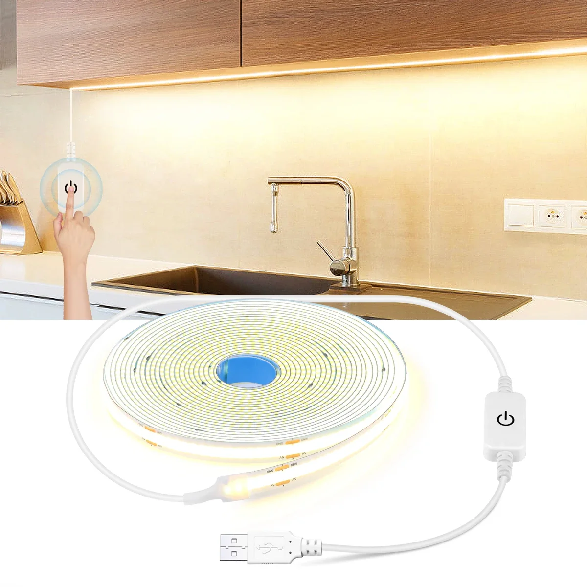 USB LED Strip Light 1M-5M 5V 320LEDs/M COB Touch Sensor Dimmable Lamp Tape for DIY TV Mirror Backlight Kitchen Room Night Lighti