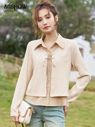 MISHOW Women's French Knitted Cardigan 2024 Spring Turn-down Collar Sweater Jacket Female Fake Two Piece Lace-up Tops MXD14C0196