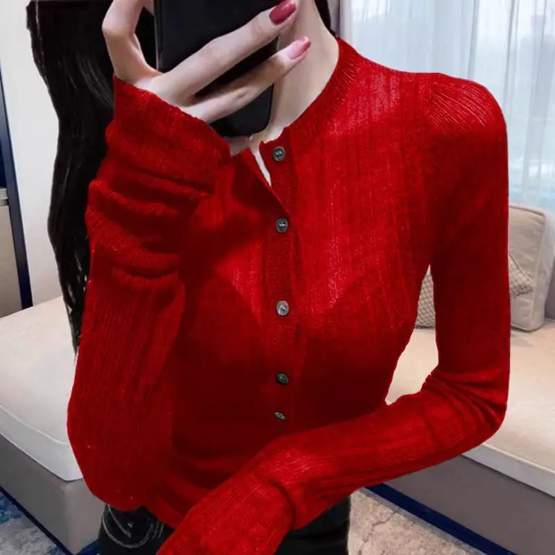 Women's Thin Knit Long Sleeve Top Sheer Sun Protection Shirt Casual Ins Air Conditioning Blouse Spring Summer