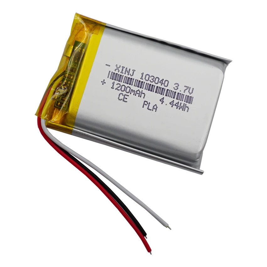 Termistor de batería Lipo recargable, 3,7 V, 1200mAh, 4,44wh, 103040, 3 cables para cámara, Altavoz Bluetooth, grabadora de conducción, luz LED