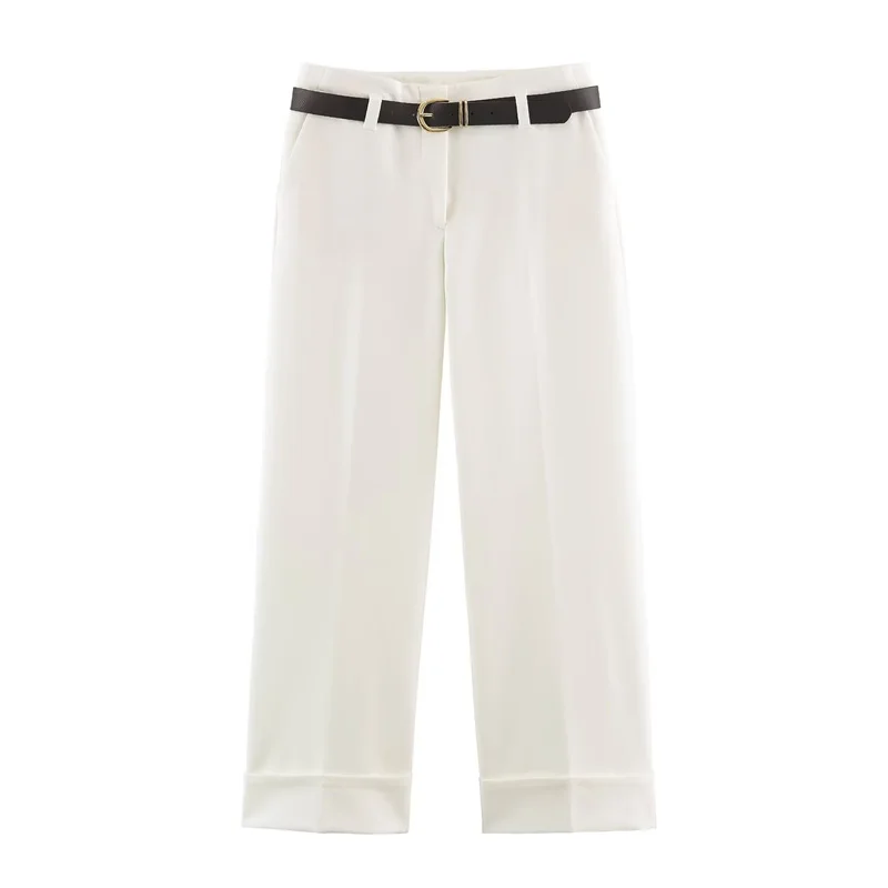 Guobioziy 2026 Summer New Style Women's Long Pants Solid Color with Belt Cuffed Simple Straight-Leg Pants Commuter Fashion