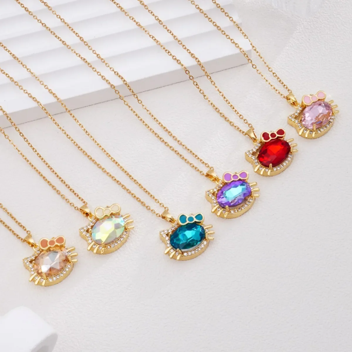 Stainless Steel Chain Cute Colorful Crystal Hello Kitty Pendant Necklaces for Women Girls Gold Color Jewelry Accessories Gifts