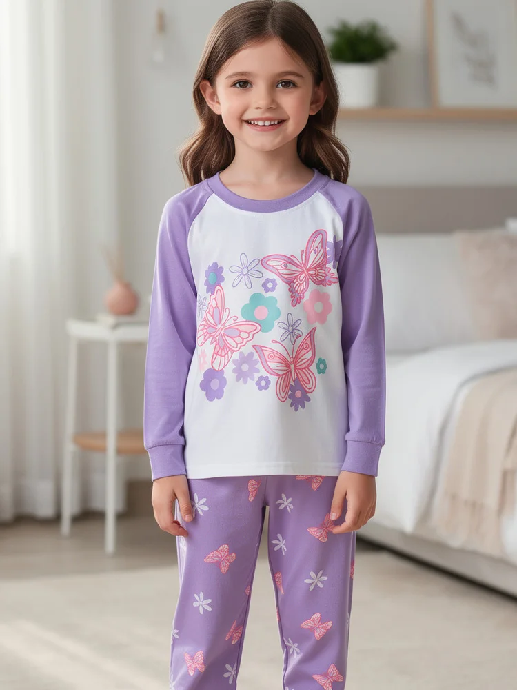 Little Hand Girls Long Sleeve Pajama Set Purple Butterfly Raglan Sleeve Top Cotton Home Loungewear Sleepwear for Toddler 2-7T