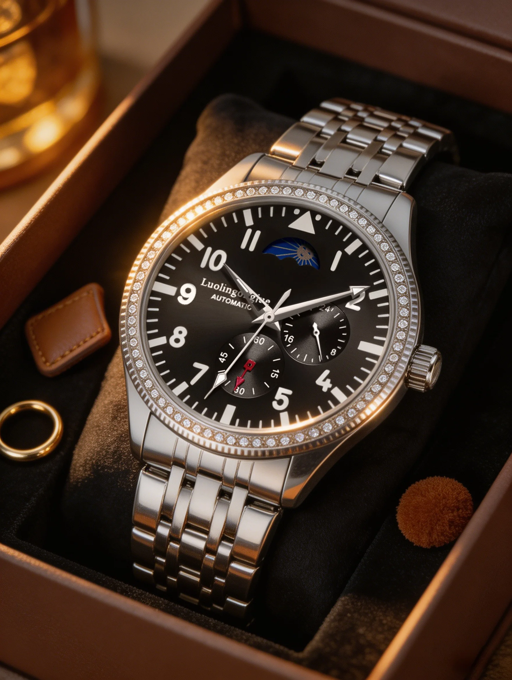 Luxurious Men's Automatic Mechanical Watch—Diamond-Encrusted Bezel, Round Dial, Leather Strap, Skeleton Design with Luminous Waterproof Features, Business-Casual Style, a Popular Light-Luxury Business Item, Men's Watch, Suitable for Gentlemen, an Excellent Gift Choice for Birthdays and Anniversaries