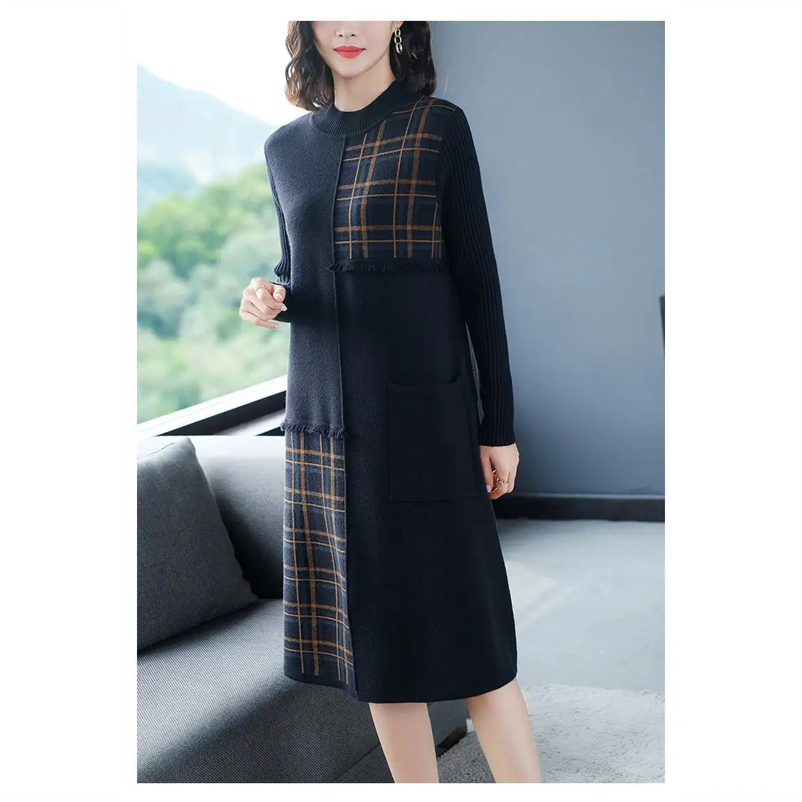 Middle Aged and Elderly Autumn and Winter Plus Size Loose Sweater Women's Dress Fat Thick Knitted Base Knee Length Dresses