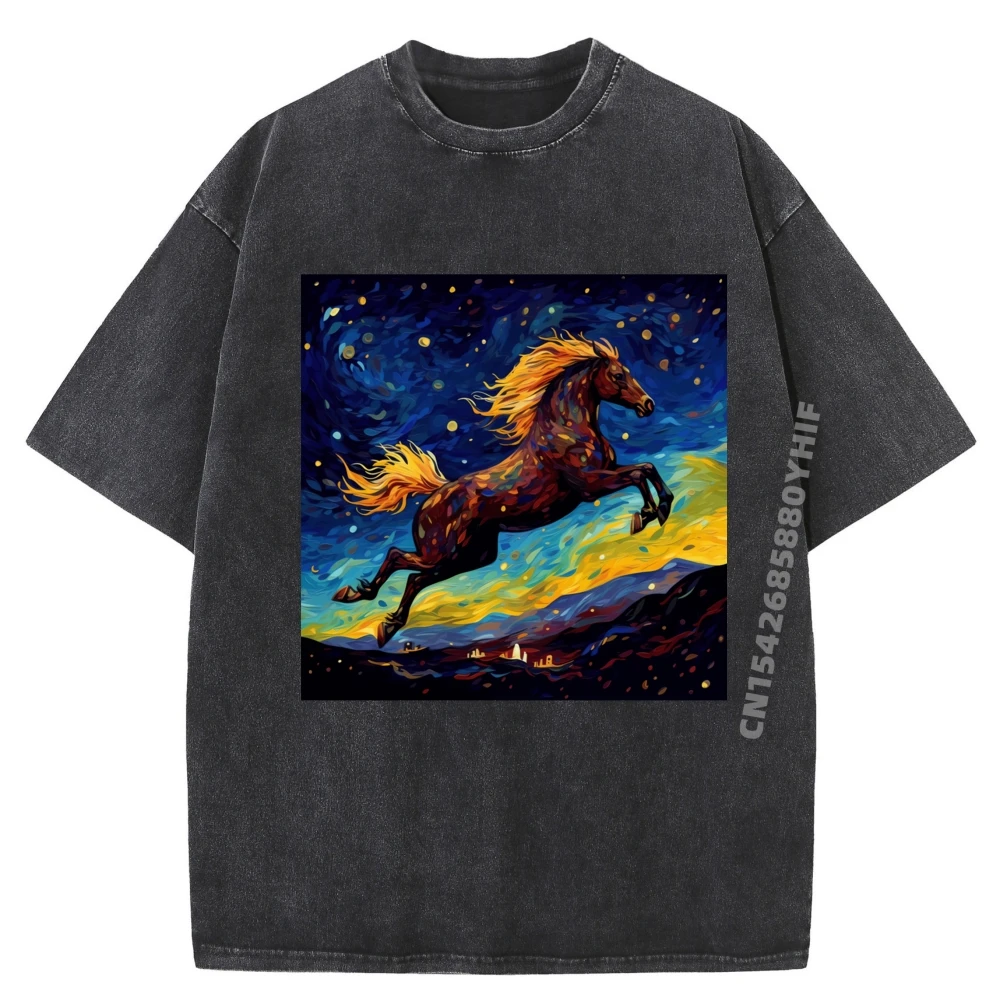 

Mens T-shirt Man Surreal Starry Night Jumping Horse Graphic Tees Mens Oversized Washed Tshirts For Men