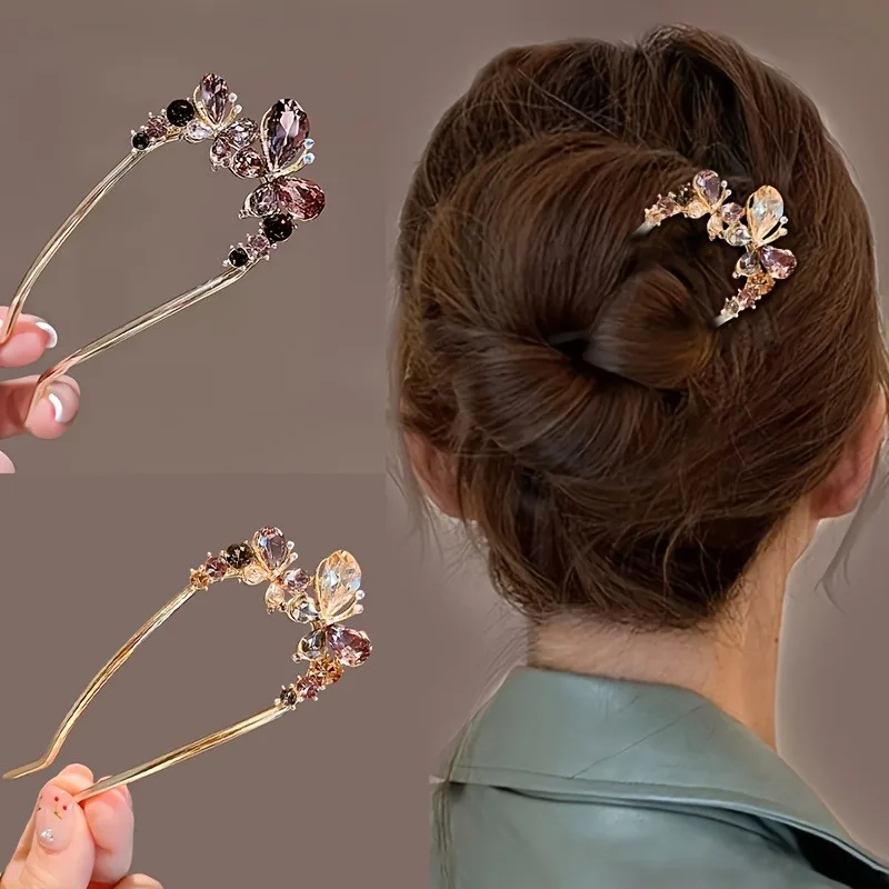 Advanced Classical Style Crystal Butterfly Inlaid Women's Alloy U-shaped Hairpin New Chinese Style Disc-shaped Hair Hairpin