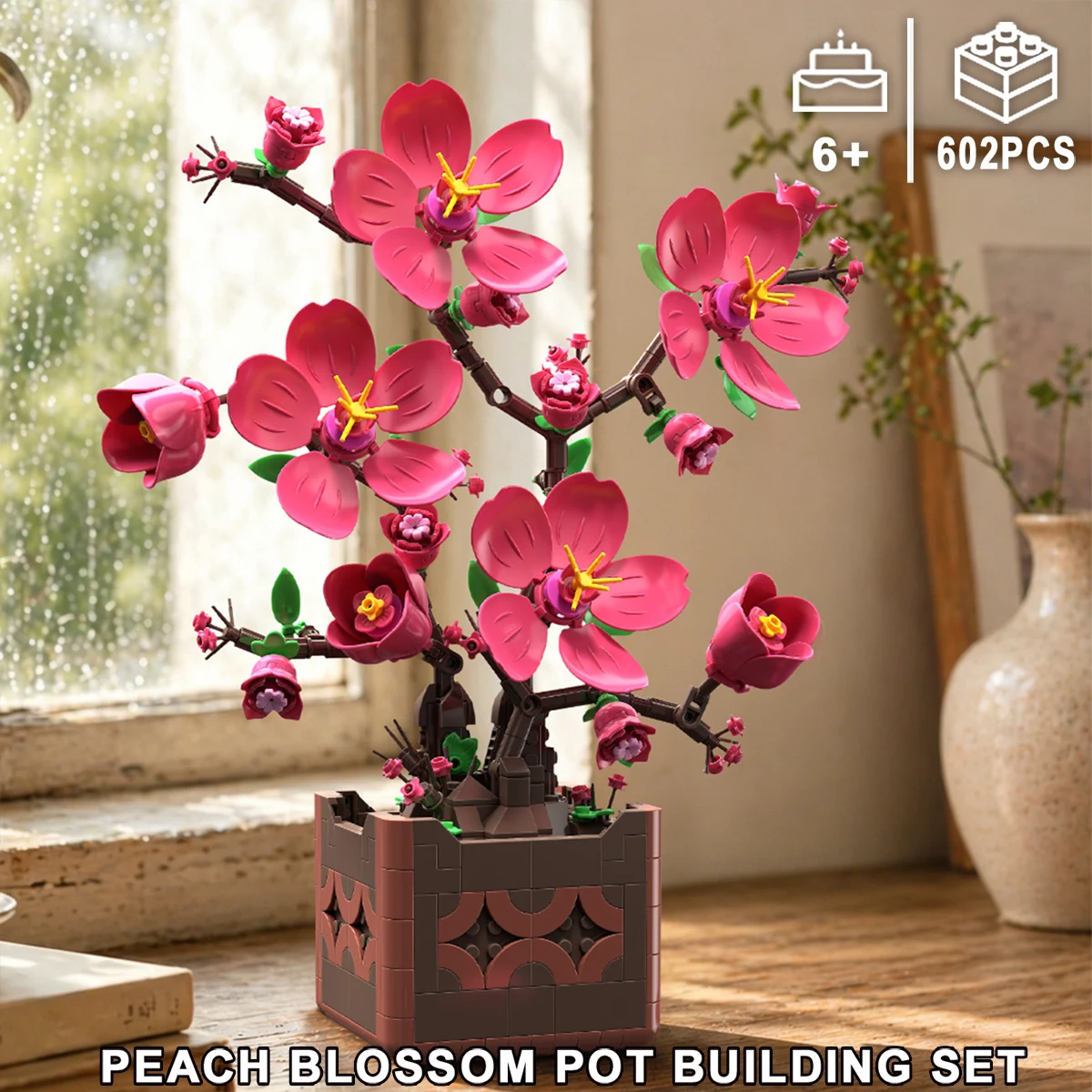 Planta en maceta de flor de durazno rosa, bloques de construcción, modelo de flor, juegos de rompecabezas, regalos de Año Nuevo, Navidad y cumpleaños