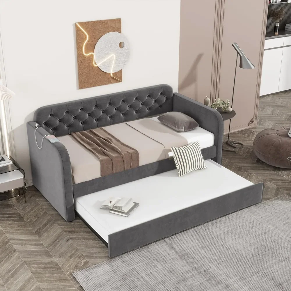سرير نهاري مخملي منجد بحجم مزدوج مع منفذ شحن USB - إطار أريكة مزدوج الحجم معنقدة بأزرار، لا حاجة إلى صندوق زنبركي #5