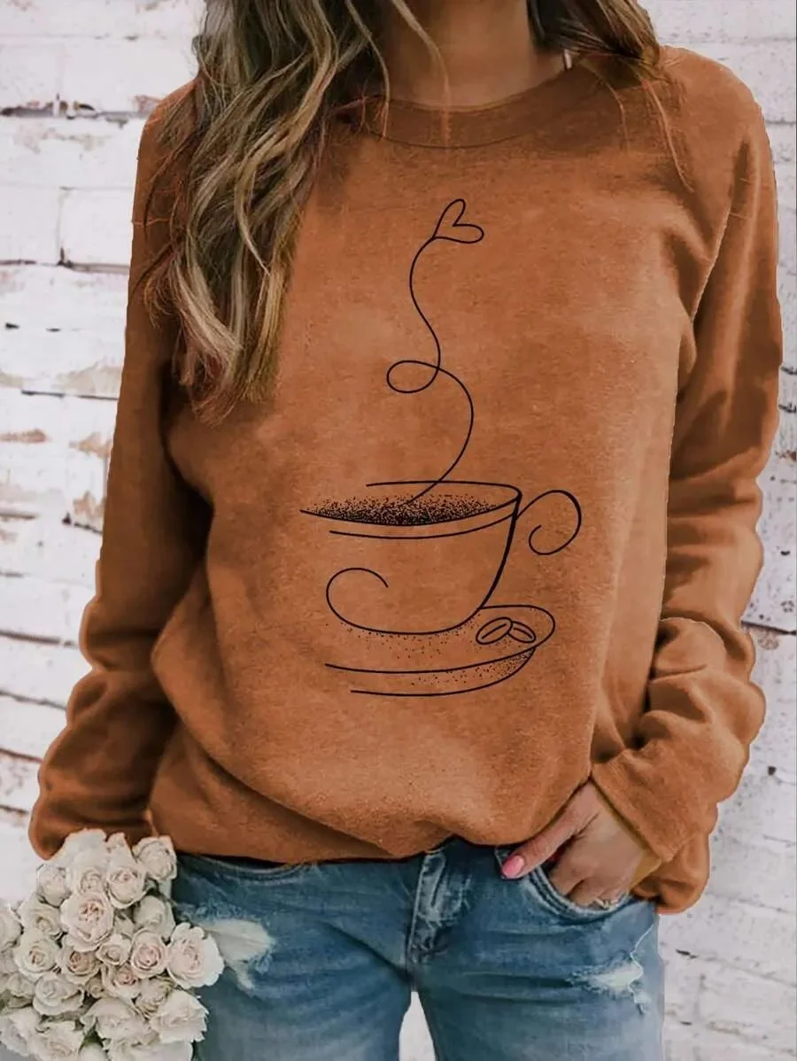 

Fashion Retro Women's Round Neck Long Sleeve 3D Printed T-Shirt Coffe Casual Simple Tops All Seasons Graphic Fashion Clothing