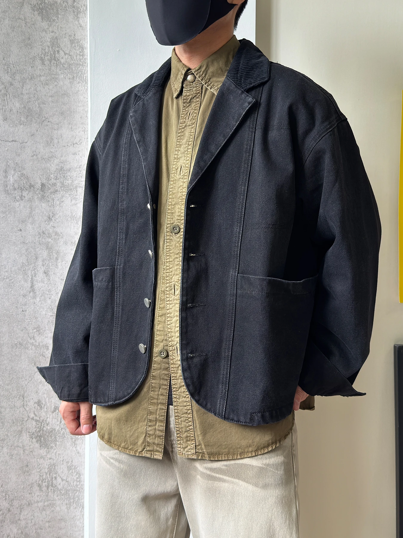 

American Casual Bla Waed V-Ne Denim Jaet Men's ort Sle Turn-down Collar Spring Autumn Retro Outerwear Coat