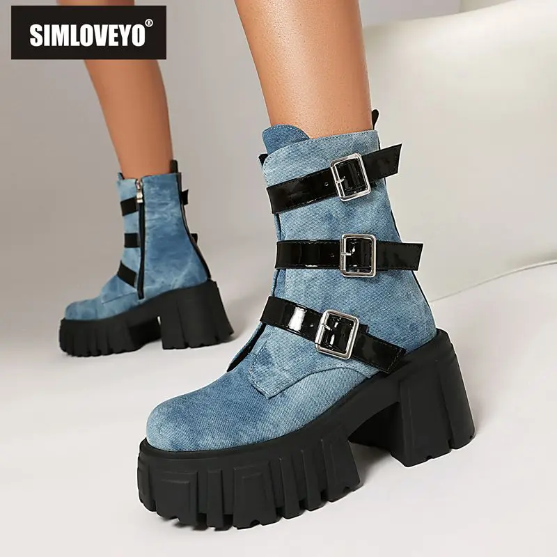 SIMLOVEYO Brand Female Ankle Boots Zipper Belt Buckles Oversize 41 42 43 Punk Round Toe 8cm Block Heels 4.5cm Platform Shoes
