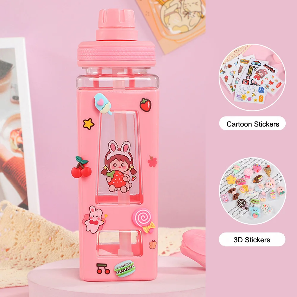 700ml Kawaii Shaker Water Bottle With Straw Sticker Cute BPA Free Portable Leakproof Water Jug for School Outdoor Travel Picnic