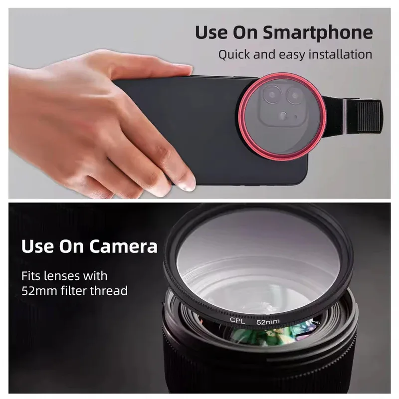 ชุดฟิลเตอร์โพลาไรซ์ 52 มม. เลนส์โพลาไรซ์แบบวงกลมพร้อมคลิปอัพเกรด ฟิลเตอร์ Cpl แบบหมุนได้ สำหรับ iPhone Samsung HUAWEI XIAMI Moto