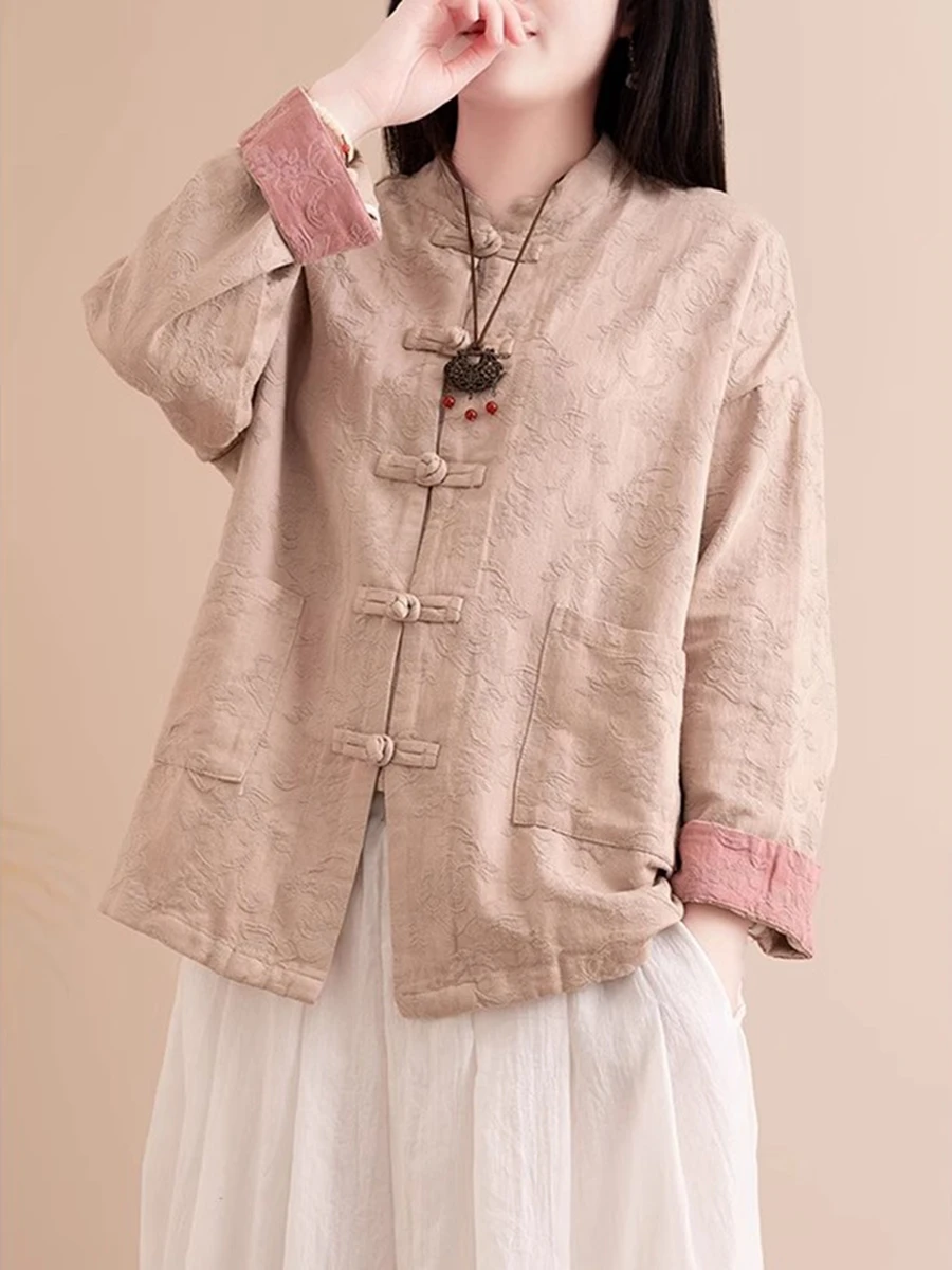 New Chinese Style Tang Suit Women's Shirt Zen Spirit Collar Long Sleeve Cotton Linen Shirt Ancient Style Outerwear Autumn