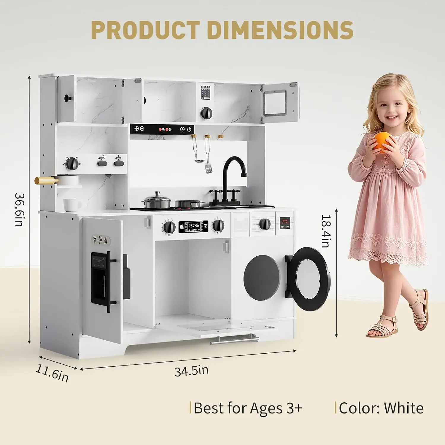 8-in-1 Wooden Play Kitchen Set For Kids gift With Lights Sounds,  Ice Maker, Coffee Machine, Washer, 11 Accessories & Storage, Ages 3+
