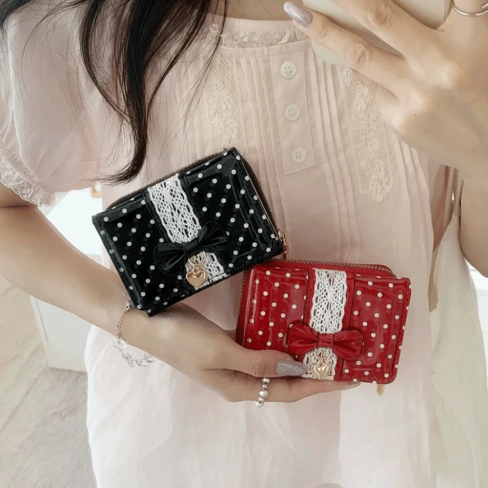 New PU Wallet Tri-Fold Wallet PU Polka Dot Pattern Coin Purse Bow Decoration Tri-Fold Structure Money Purse Women's Wallet