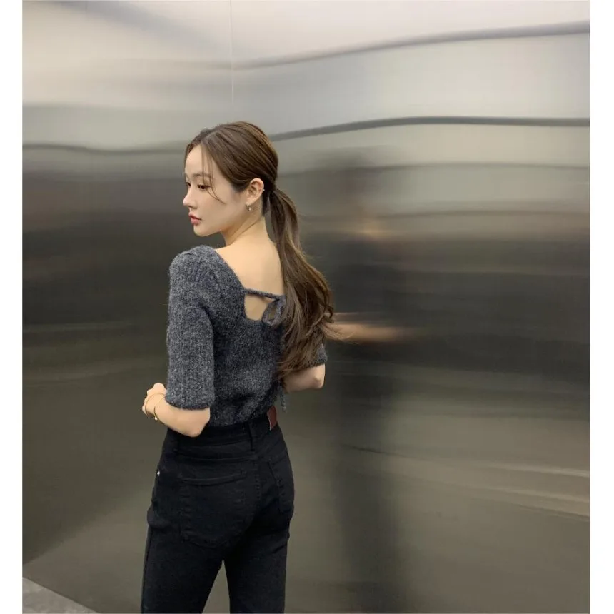 

Стильный осенне-зимний вязаный свитер с квадратным вырезом и бантом, женский, модный, мягкий, средней толщины, повседневный, уличный стиль