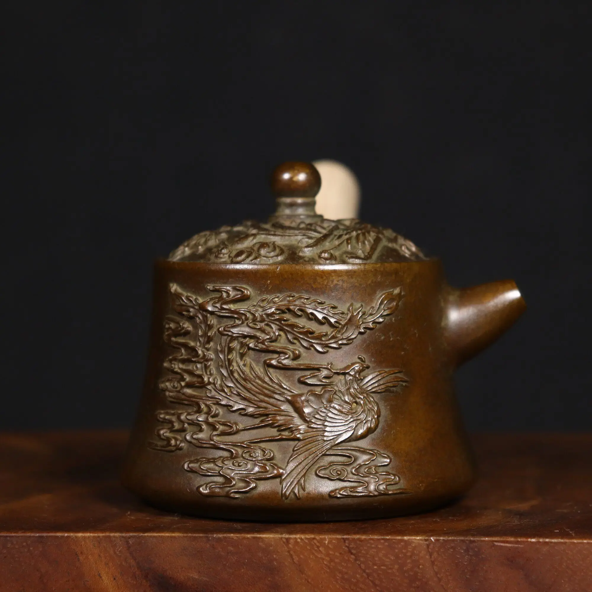 Retro Dragon Phoenix Handheld Copper Teapot Vintage Decor for Entryway and Curio Cabinet