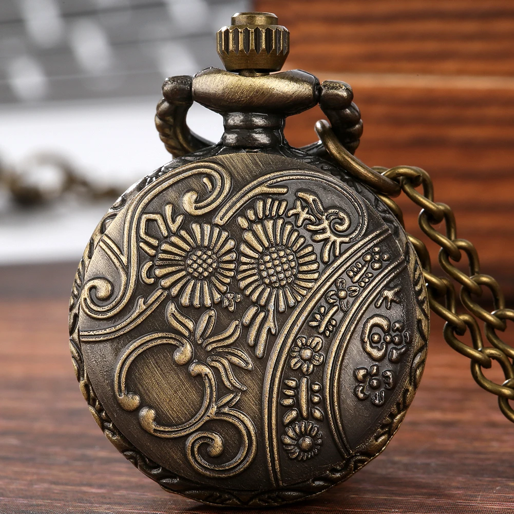 Bronze Small Size Stripe Design Necklace Clock Mini Styles Antique Steampunk Classic Quartz Pocket Watch and Chain for Men Women