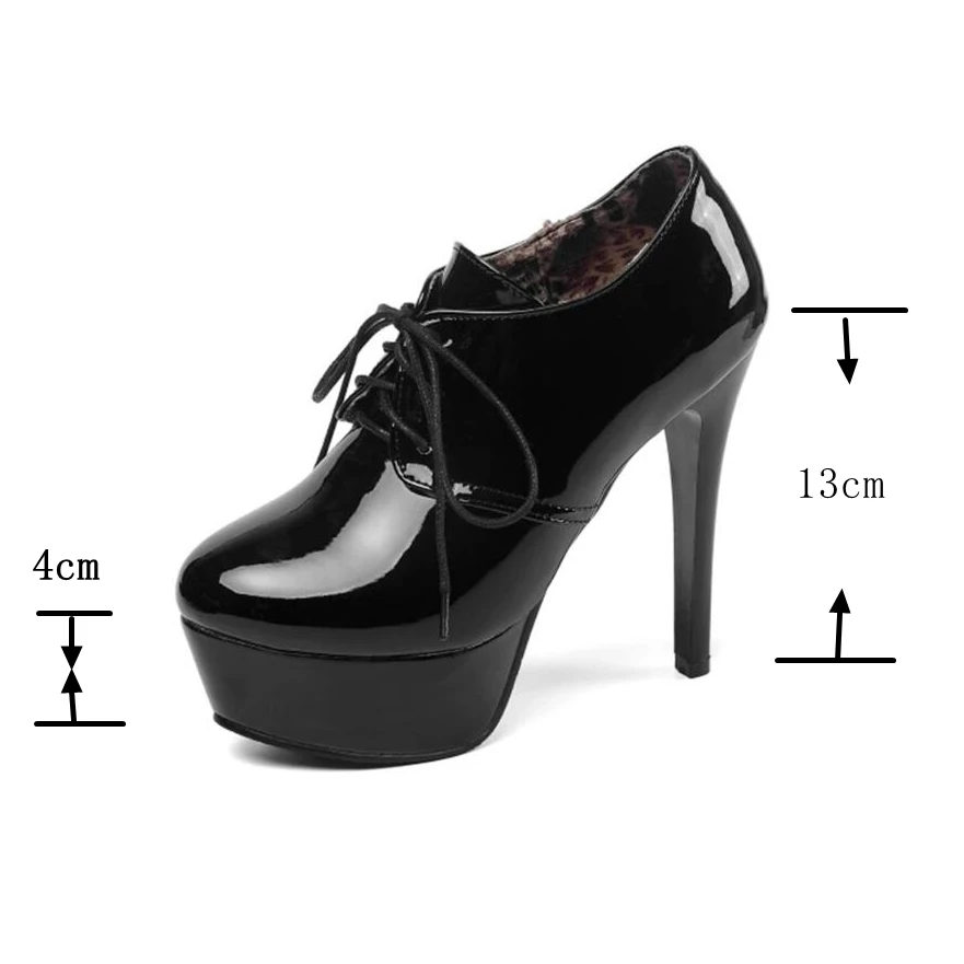 REAVE CAT Pumps Round Toe 13cm Thin high Heels Patent Leather Lace up Cross-tied Platforms 33-45 A2874