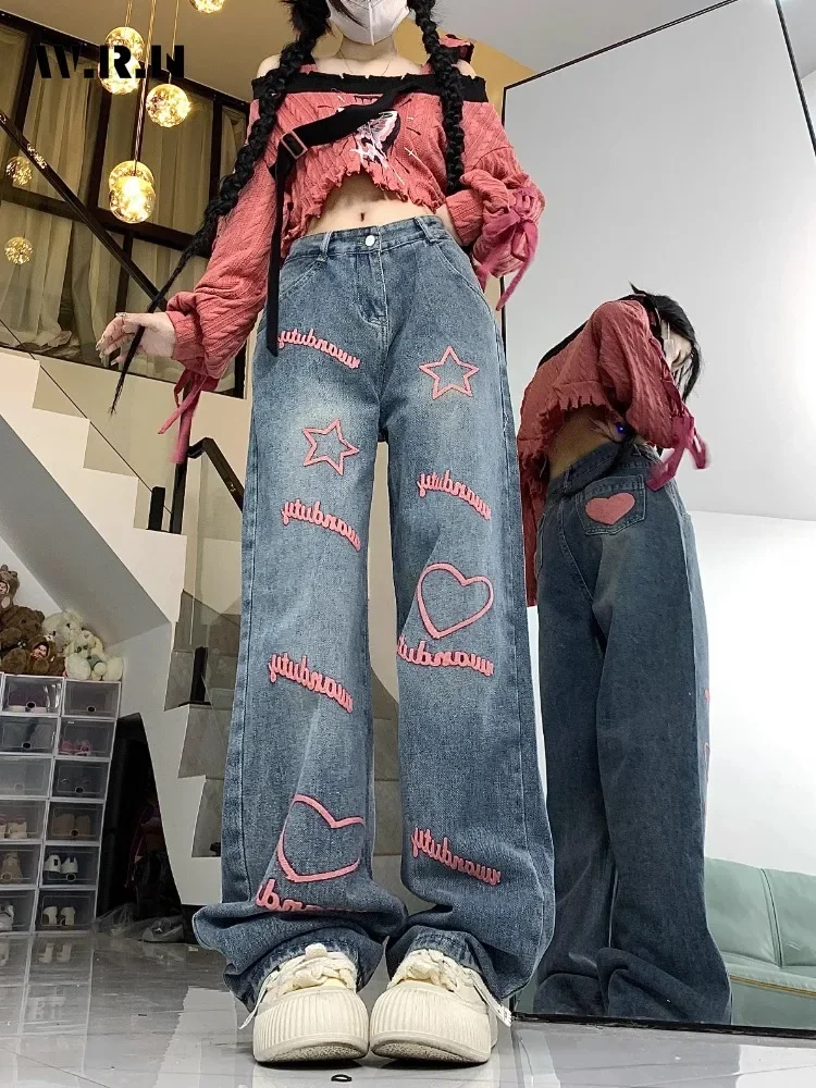 

2024 Summer Women's Casual Harajuku Jeans Vintage Emo Loose Washed Pants Y2K Punk Baggy Heart Stars Appliques Denim Trouser