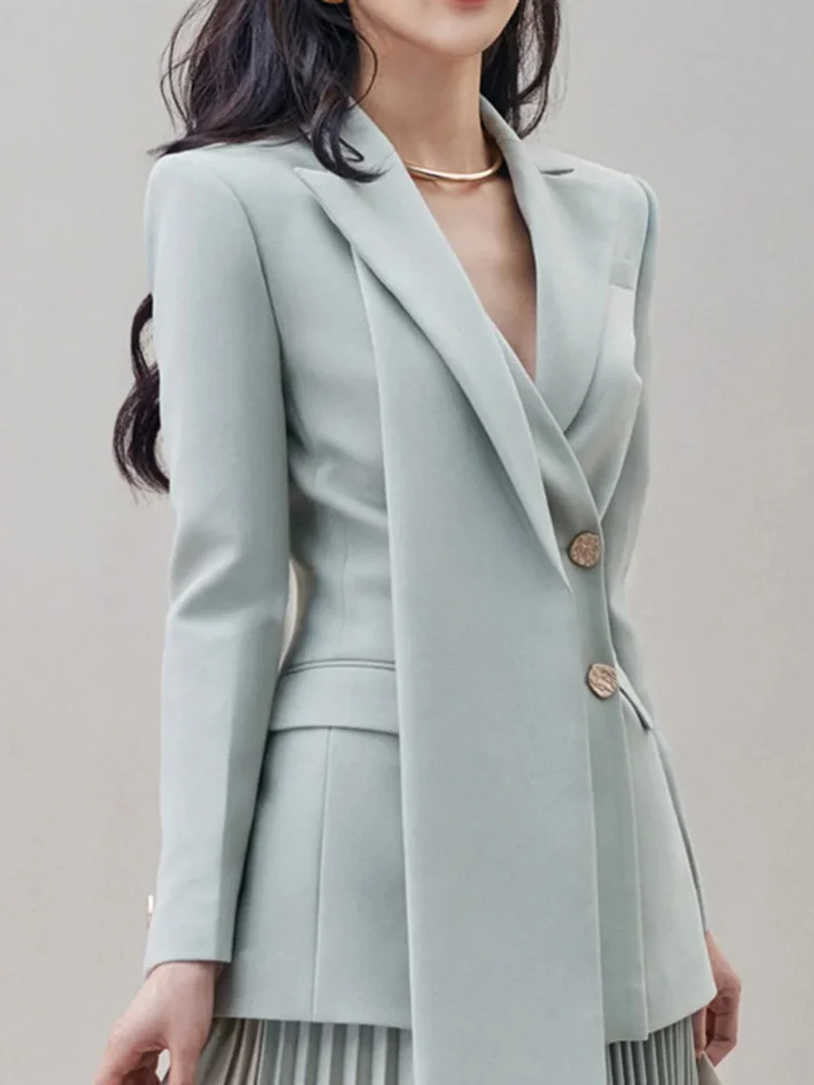 Fashion Women\'s 2 Pcs Set New Notched Double Breasted Blazer And High Waist Contrast Color Pleated Skirt Autumn  O376