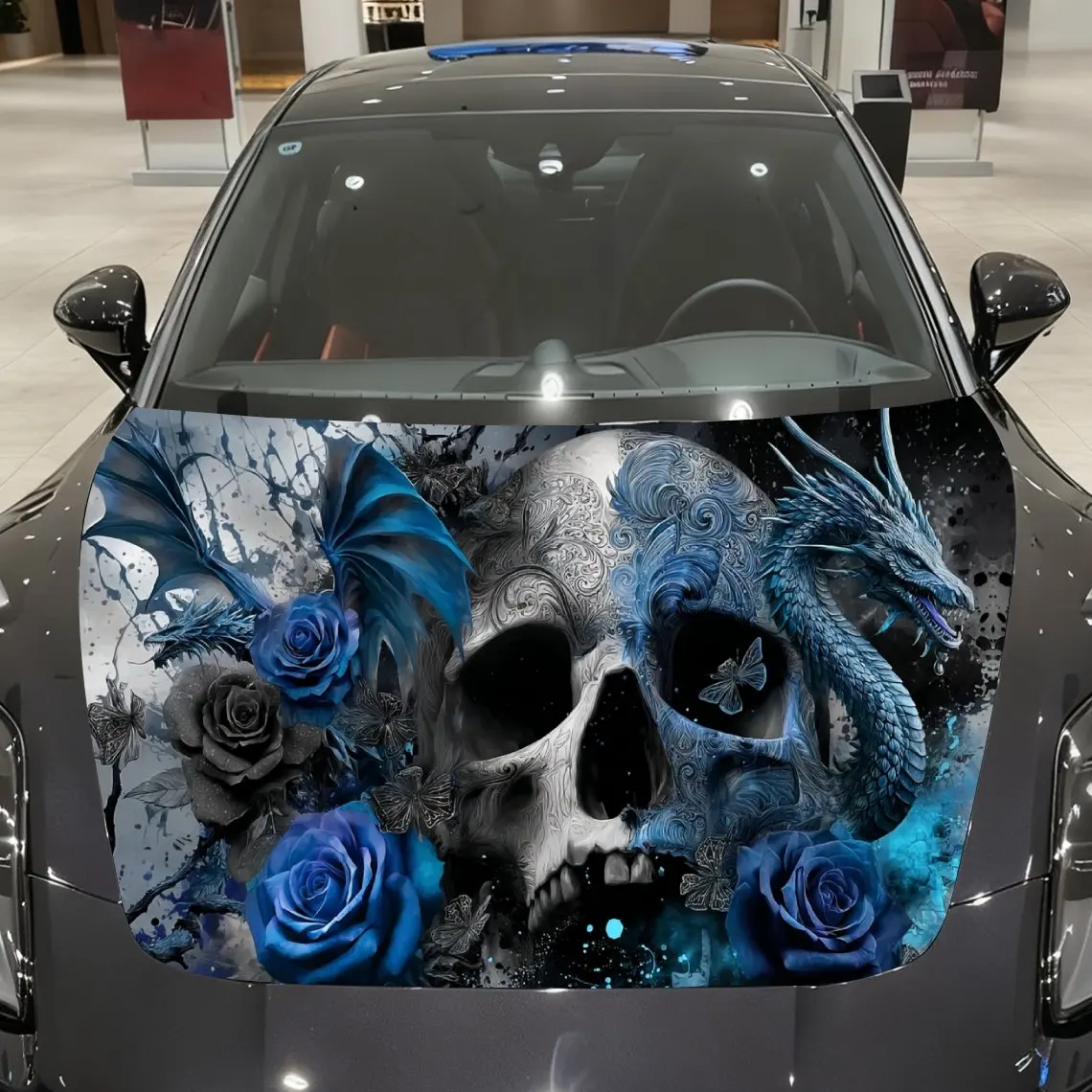

Blue - Black Rose Skull and Dragon Gothic Car Vinyl Wrap, PVC Material Waterproof Car Hood Sticker, Self-Adhesive Scratch-Resist