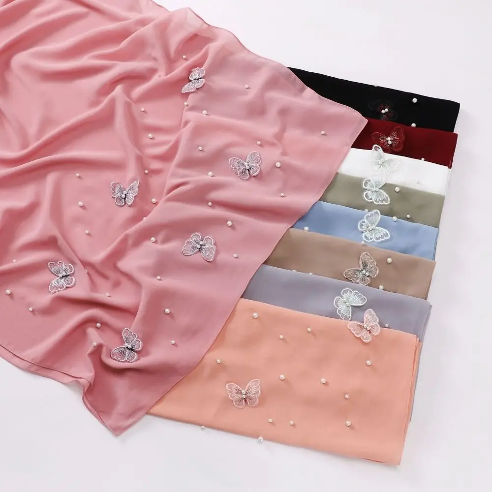 

Fashion Beaded Satin Hijab Pearl Silk Silk Headscarf Solid Color Smooth Butterfly Chiffon Scarf Beach