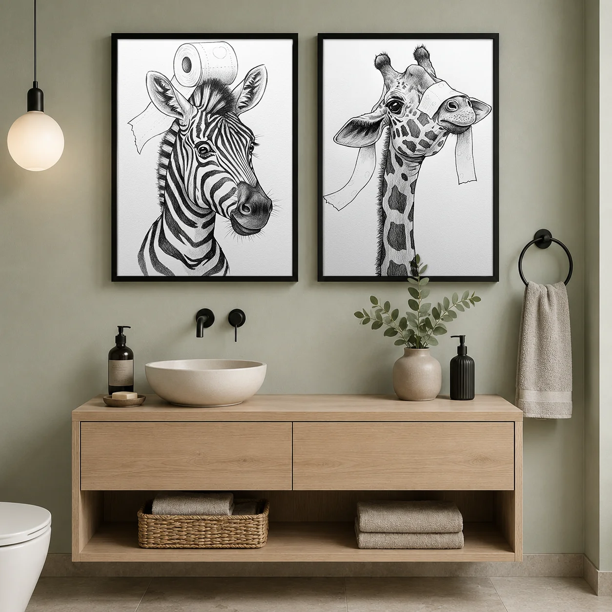 Funny Bathroom Wall Art Black and White Elephant Panda Animal Canvas Painting Nordic Poster Print for Bathroom Wall Decor