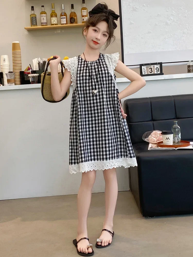 

Children's 5 6 7 8 9 10 11 12 13 14 15 16 17 18 19 Year Summer Kids Girls Dress With Sleeves Children Cute Plaid Dresses Back