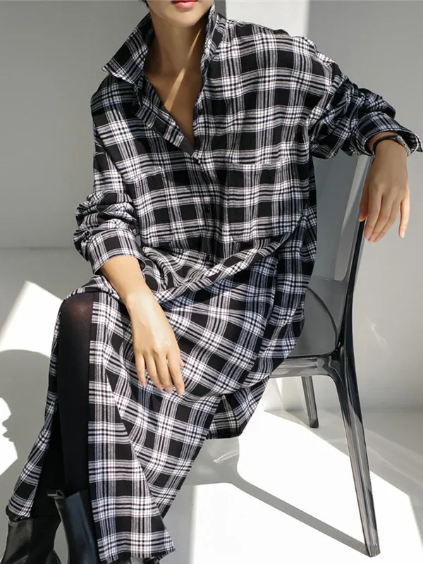 

Loose Midi Korean Sle Women's irt Coat Plaid Pattern Side Slit Long Sve Casual Outerwear for Spring Season