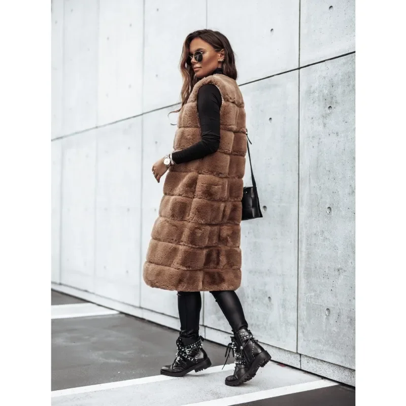 Women's S-2XL size 2024 New AliExpress Wish Amazon Popular Autumn/Winter Long Round Neck Fur Vest Coat long coats for winter for