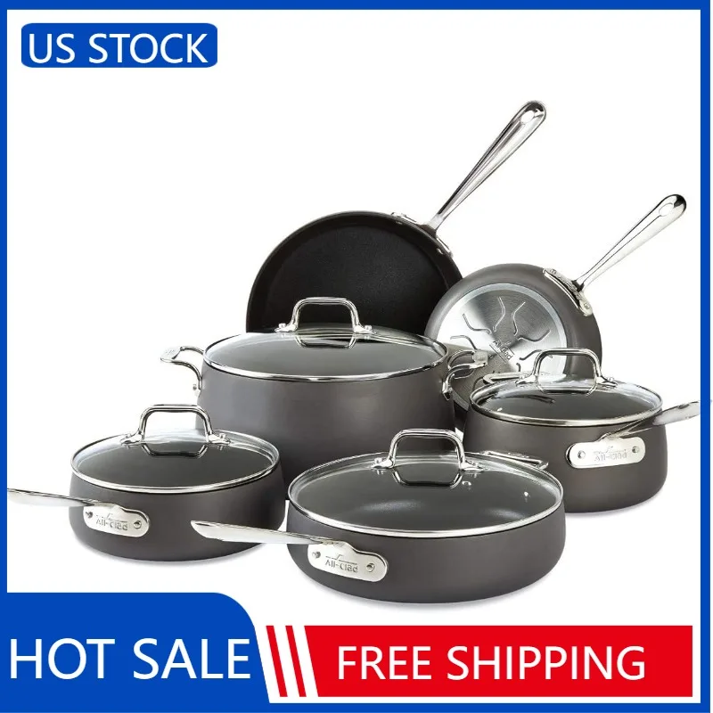 

All-Clad HA1 Hard Anodized Nonstick Cookware Set 10 Piece Induction Oven Broiler Safe 500F, Lid Safe 350F Pots and Pans Black