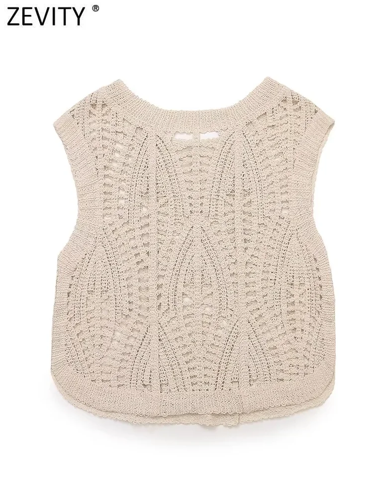 Zevity Women Sexy Sleeveless Hollow Out Crochet Knitting Vest Lady Chic O Neck Short Camis Tank Y2K Crop T-Shirt Tops LS6258