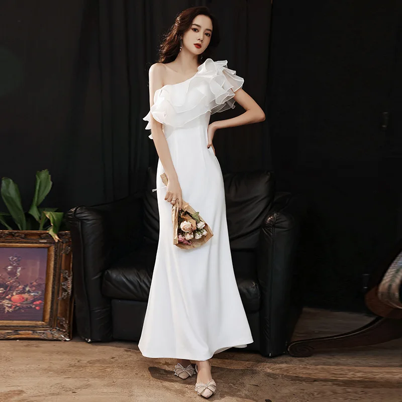 

One shoulder Wedding Guest White Dress Women Elegant Evening Cocktail Party Ball Gown Solid Color Long Maxi Dresses Birthday