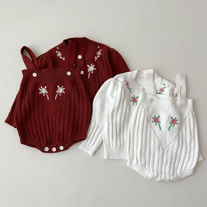 

Autumn Winter Newborn Baby Girls Clothing Suit Knitted Embroidered Cardigan Coat+Jumpsuit Infant Baby Girl Knitting Clothes Set