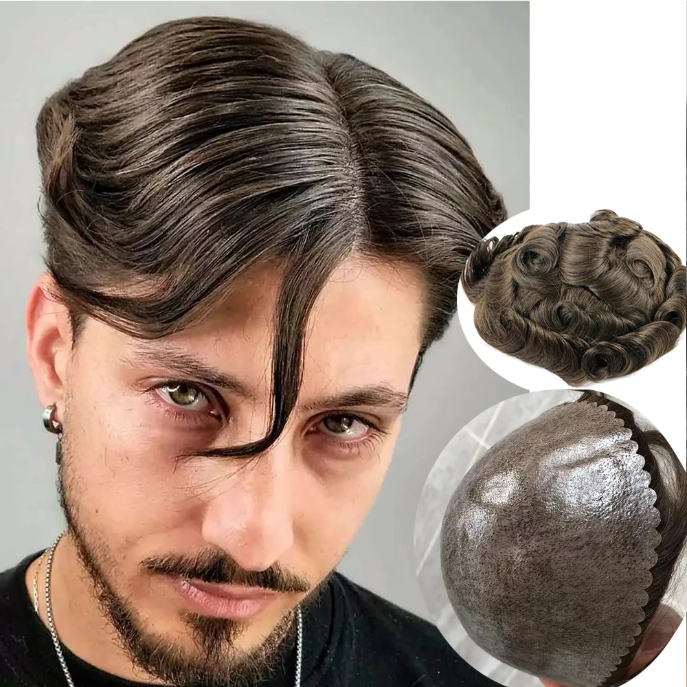 

100%Human Hair #2Dark Brown Men Super Natural Hairline Toupee Gray Black 1b20Undetected Durable Thin Skin HD PU Base Cheap Prost