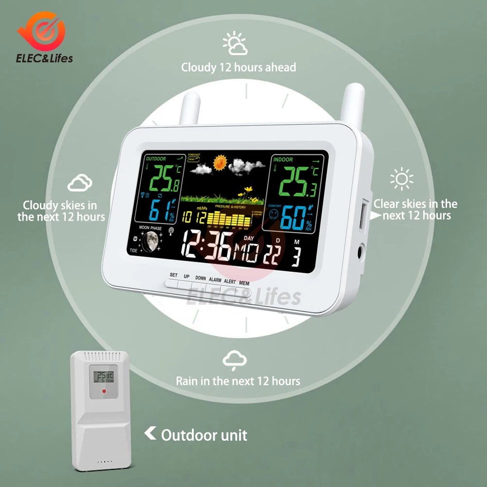 LCD Electronic Alarm Clock Calendar Indoor Outdoor APP Control Weather Station Clock Digital Temperature Humidity Monitor