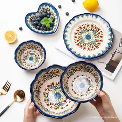 Ceramic Soup Bowls Retro Bakeware Hand-Painted Kitchen Tableware Salad Dessert Steak Pasta Plate Household Fruit Tray Decoration