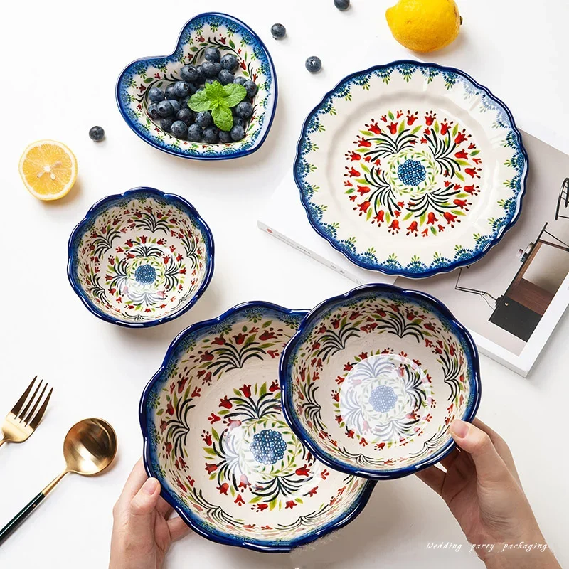 Ceramic Soup Bowls Retro Bakeware Hand-Painted Kitchen Tableware Salad Dessert Steak Pasta Plate Household Fruit Tray Decoration