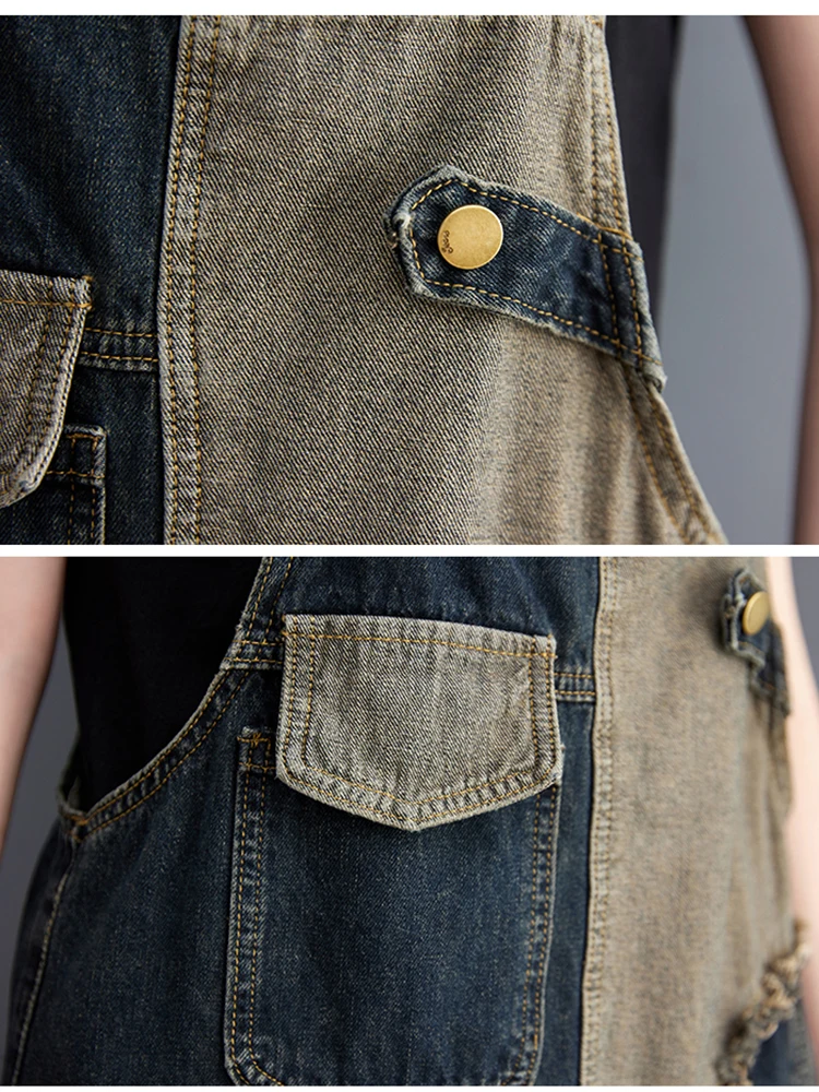 Loose Wide Leg Patchwork Denim Jumpsuit Women Rompers 2024 Vintage Streetwear Straps Baggy Pants Dungarees Casual Jeans Overalls