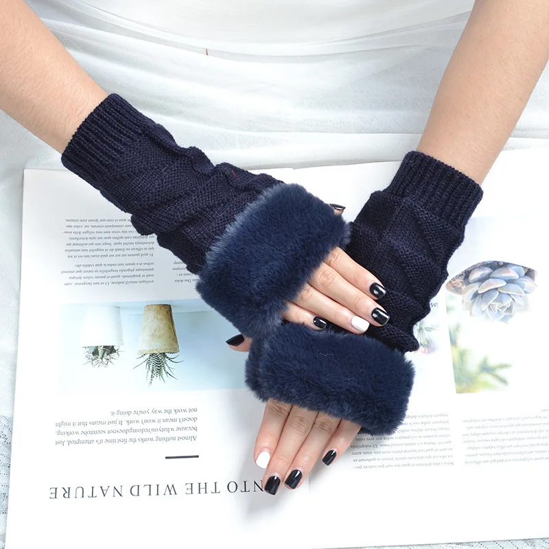 South Korea Knitted Fingerless Protective Gloves Autumn and Winter Solid Color Student Writing To Keep Warm Women's Gloves