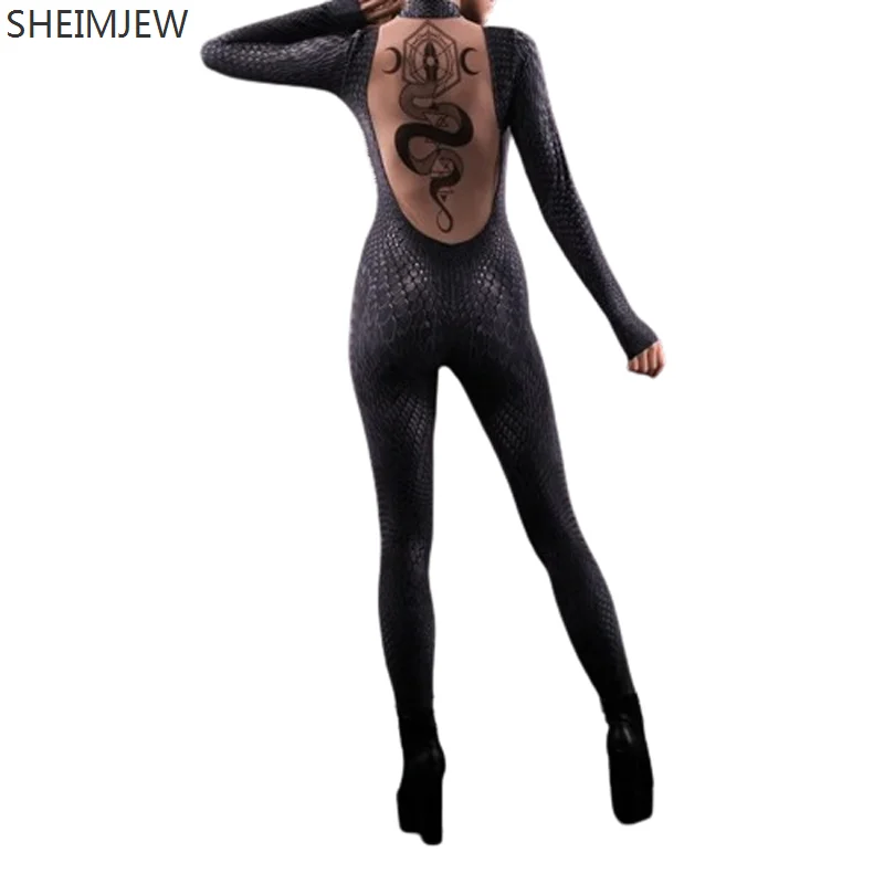 Tuta animale Sexy da donna tuta Zentai tute serpente nero tuta intera gotica Costume Rave da donna Halloween Festival Party Outfit