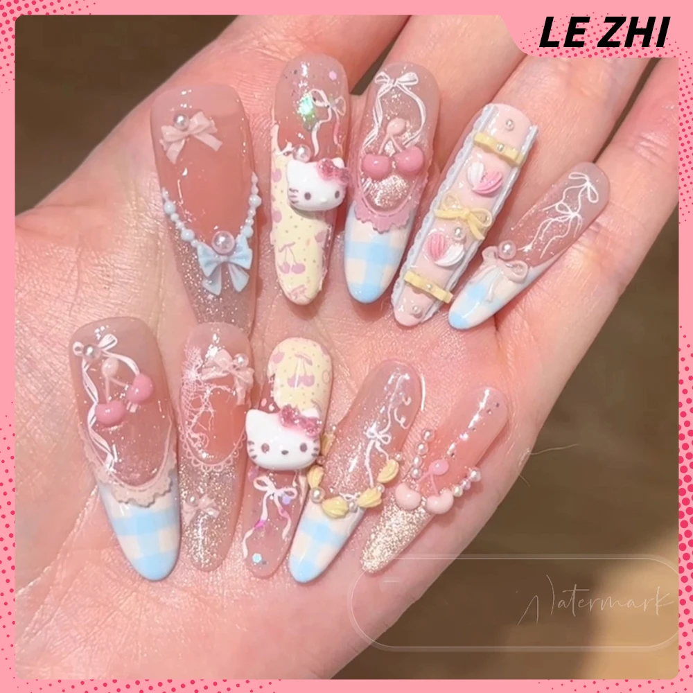 10Pcs Stiker Kuku Panjang Stiletto Buatan Tangan Motif Kartun Hello Kitty Pink, Cherry Pearl Cream Bowknot French Press On Nail
