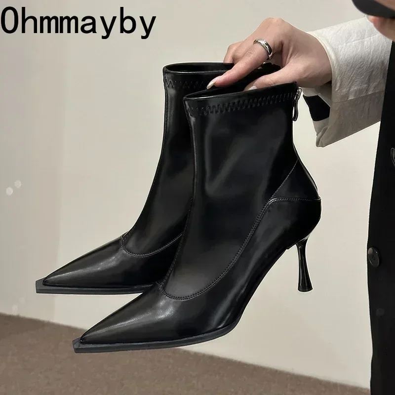 Kobiety Slim Ankle Boots Fashion Elegant Pointed Toe Soft Leather Shoes Thin High Heel Autumn Winter Women\'s Morder Short Booties